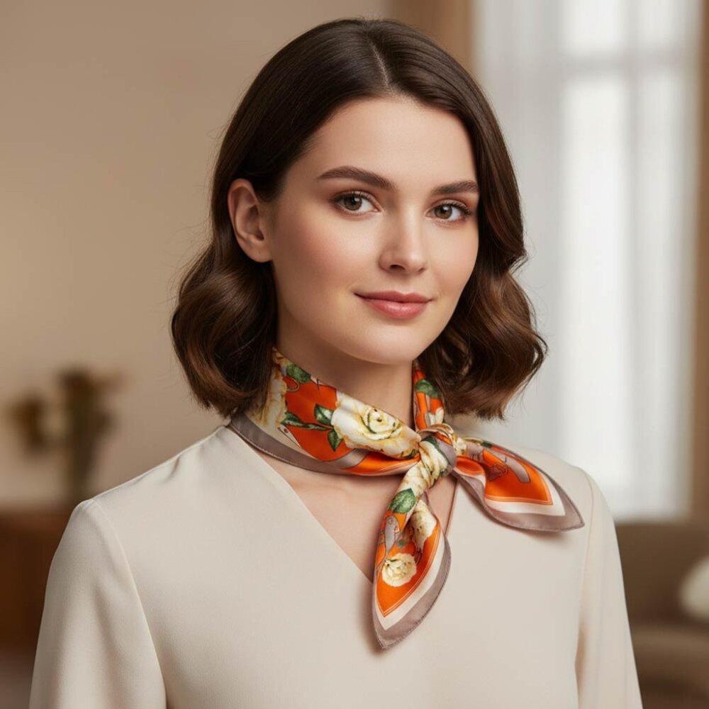 Tigerstars Orange Floral Ribbon Printed Square Silky Satin Bandana Scarf